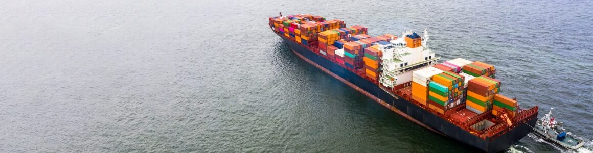 A cargo ship with cargo containers in a body of water representing global supply issues.