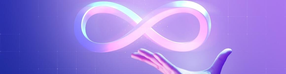 A hand embracing an infinity sign representing the metaverse with a blue and purple hue background.