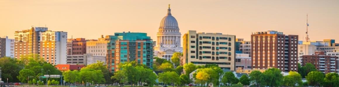 Buildings surrounding the state capitol of Madison, Wisconsin.