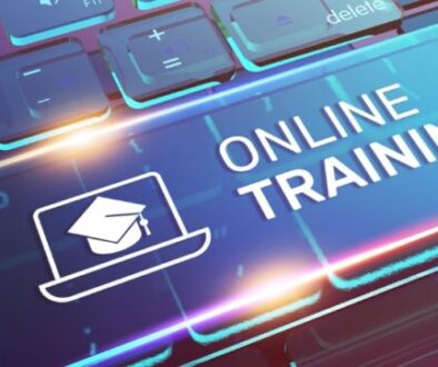 Online training graphic on a keyboard.